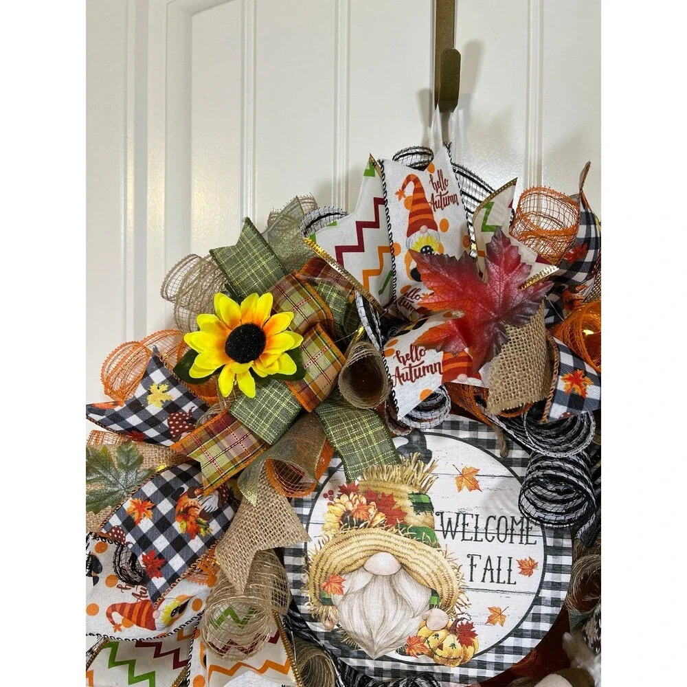 Handmade Autumn Fall Ribbon Wreath Welcome Gnome 22 in’s. Thanksgiving w11